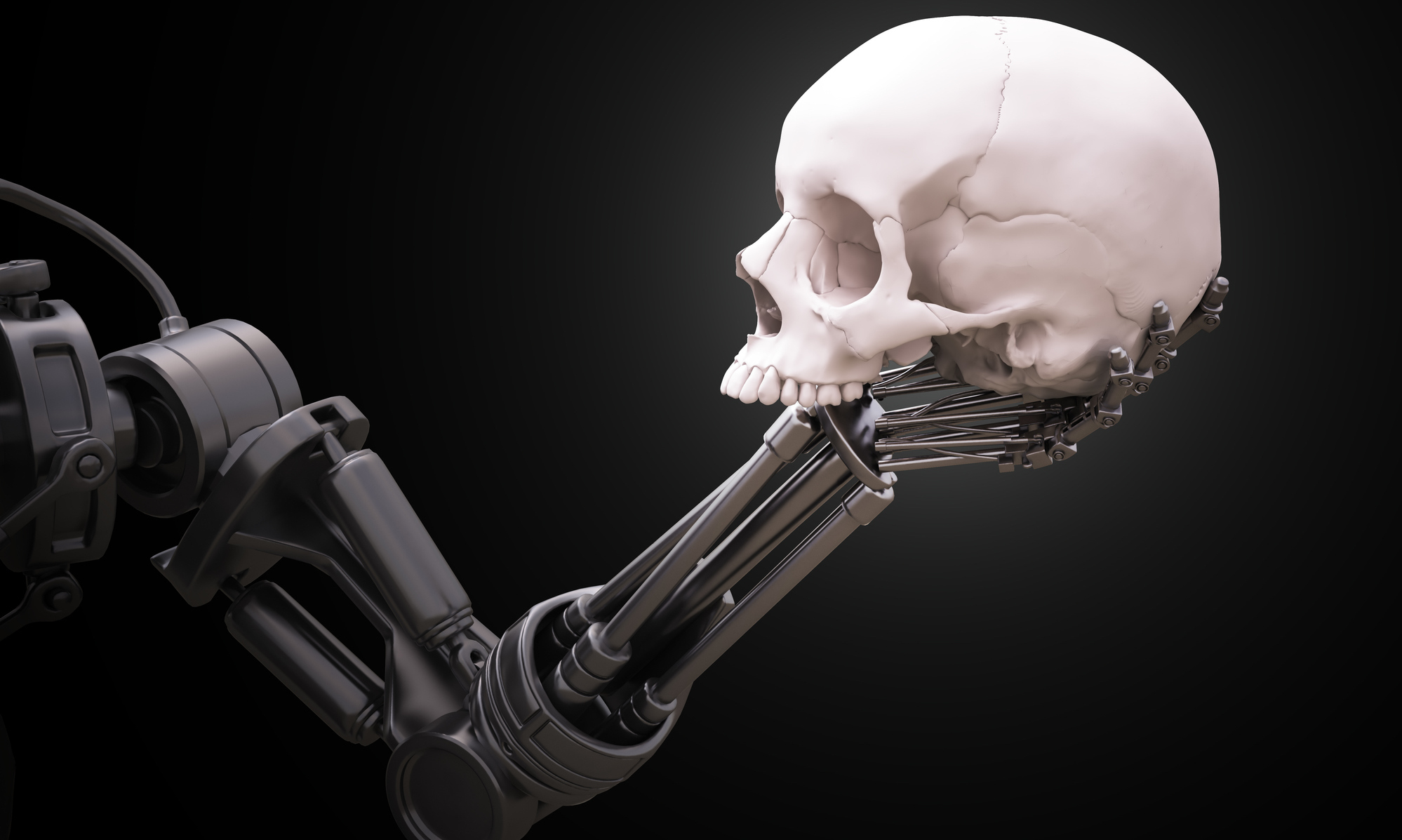 Robotic hand holding a skull, computer illustration. Digital immortality concept
