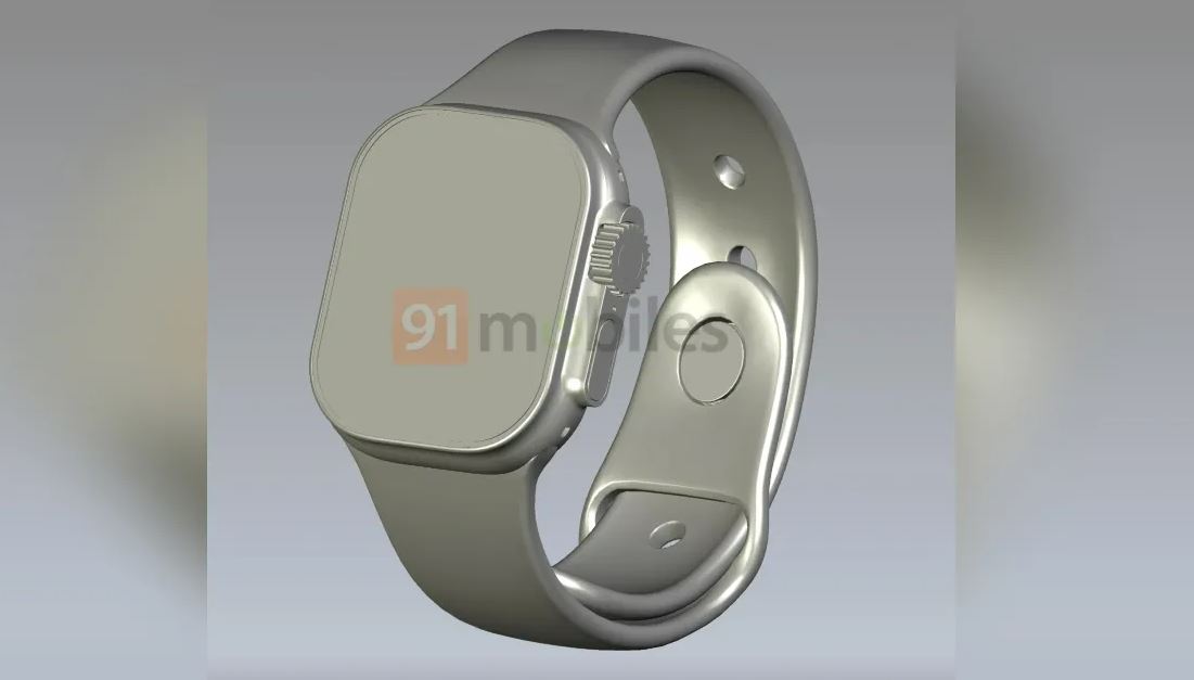 A gold CAD render of the Apple Watch Pro, slightly at an angle