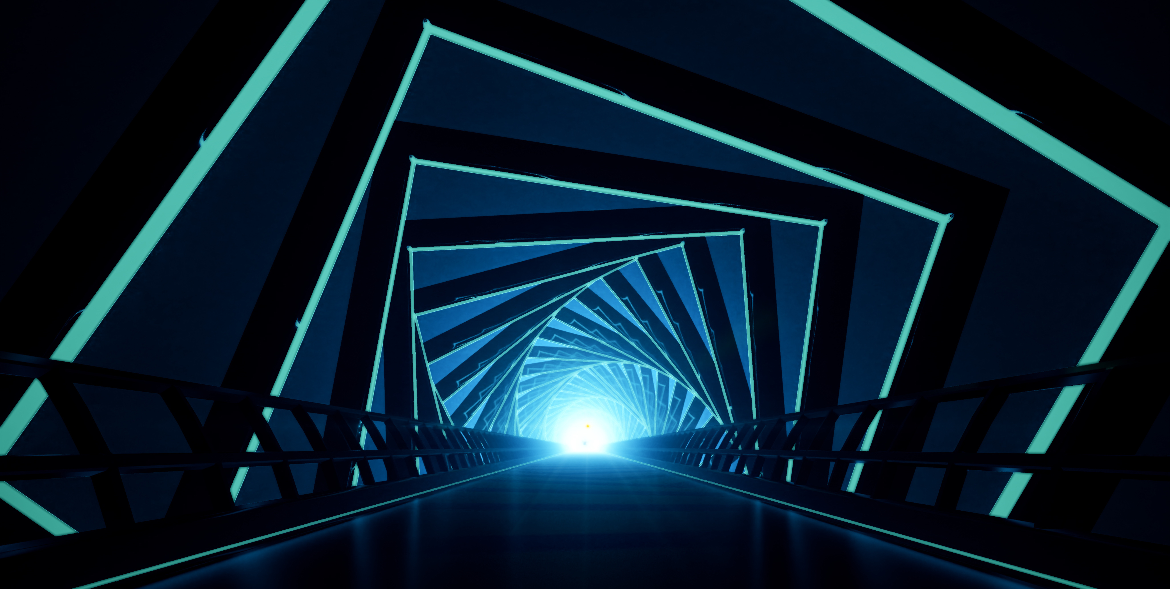 Graphic tunnel bridge glow neon effect have small glow light at the end with 3d rendering. AI and software data bridge concept