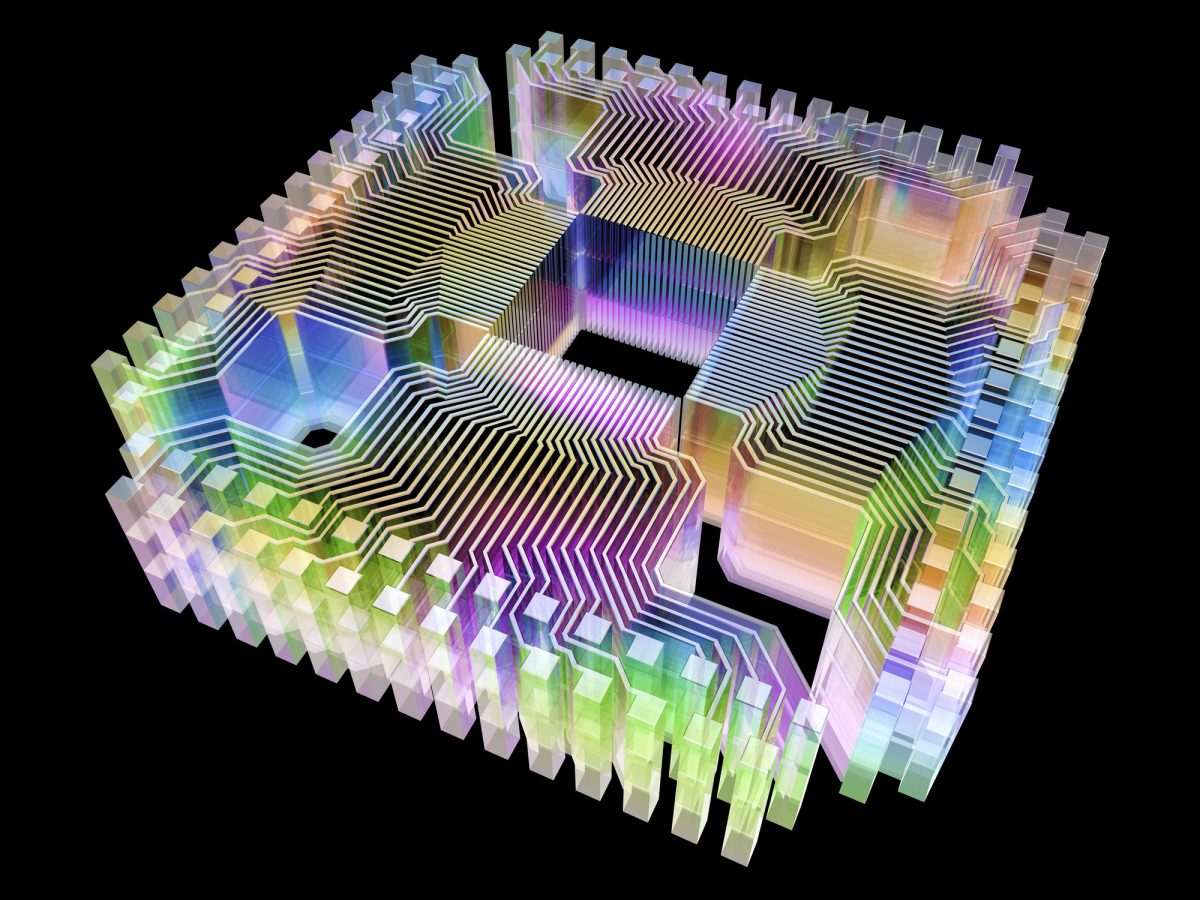 Quantum computer. Conceptual computer artwork of electronic circuitry as part of a quantum computer structure.
