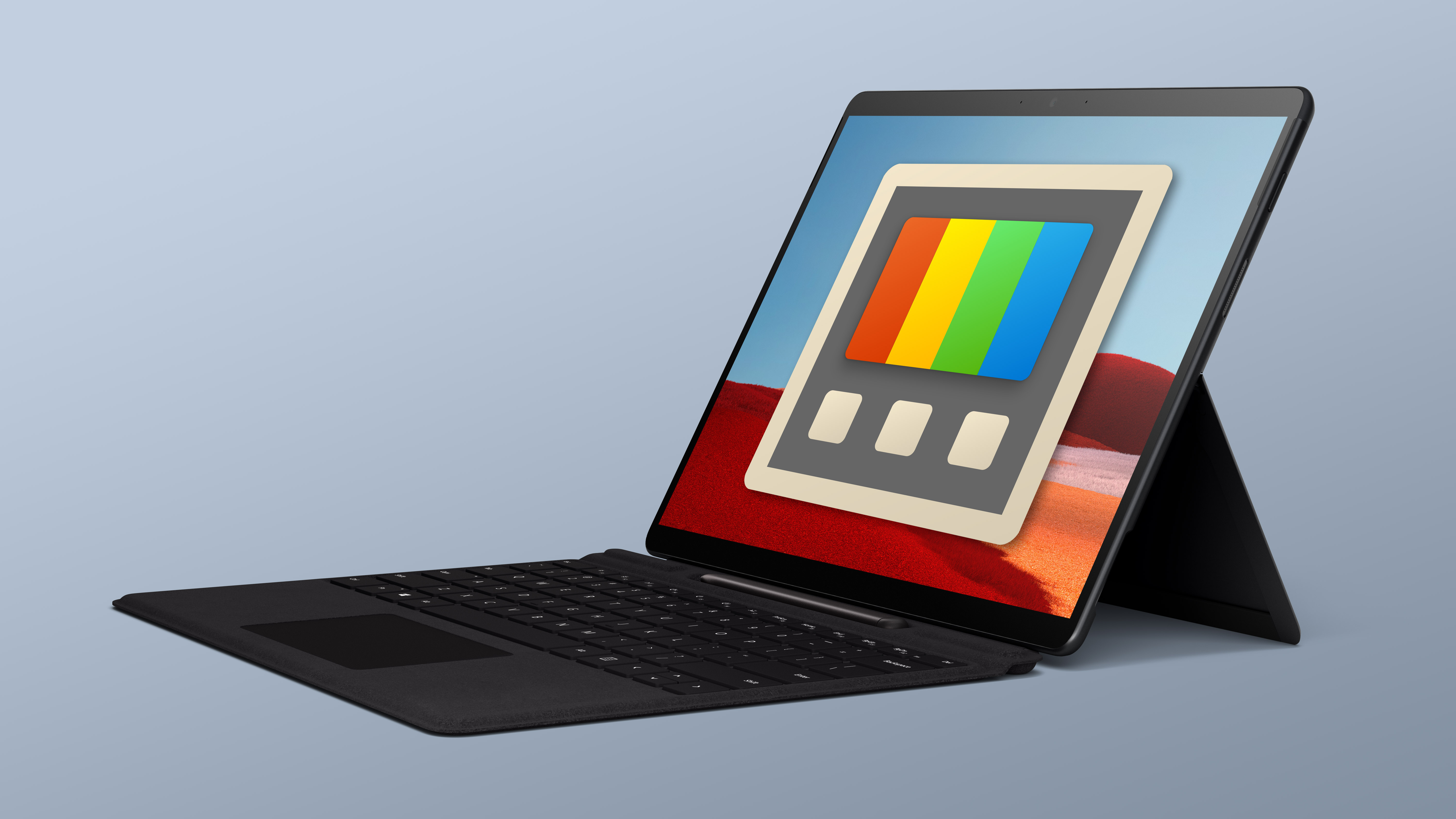 Surface tablet with PowerToys logo on the screen