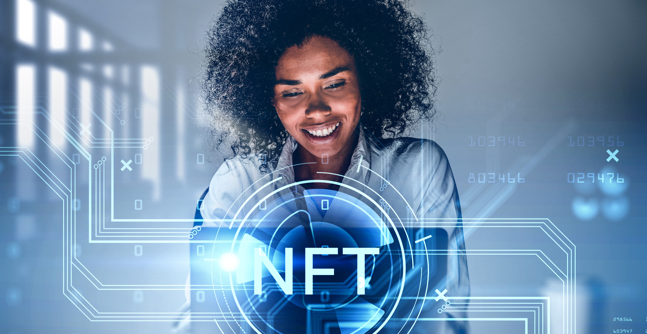 Business person working on laptop, non-fungible token hologram, nft with network circuit and globe. Concept of NFTs, crypto art and technology