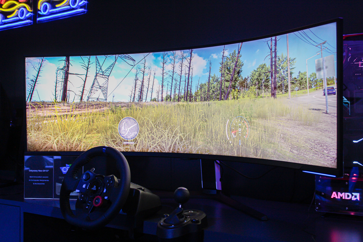Samsung Odyssey Neo G9 (2023) playing a racing simulator.