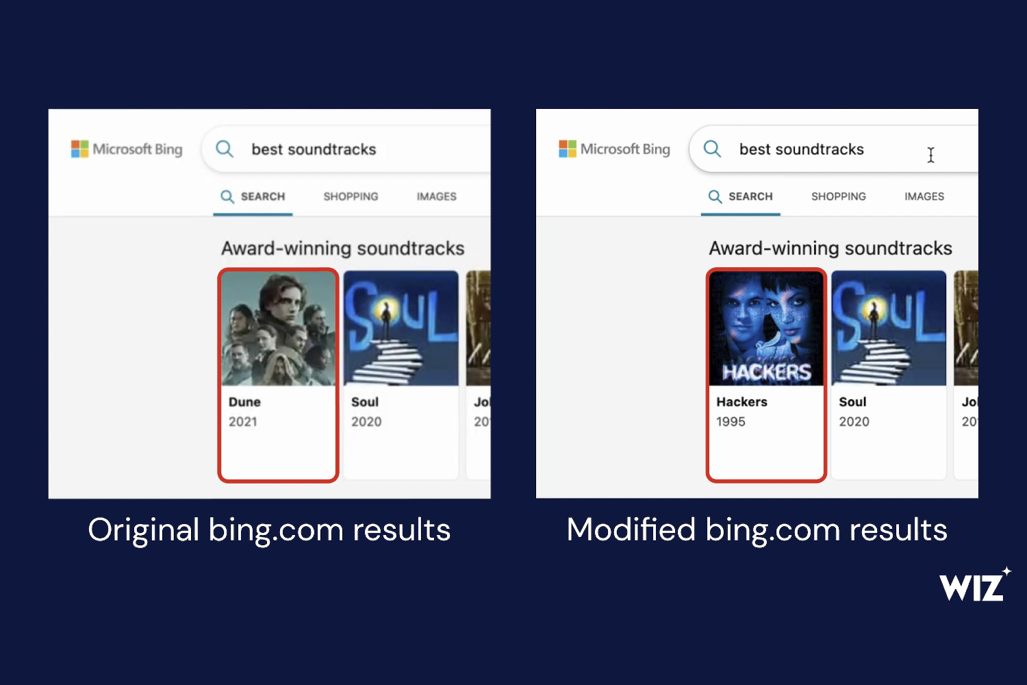 A comparison of Bing search results before and after the BingBang exploit was applied, showing how the list of recommended movie soundtracks could be altered.