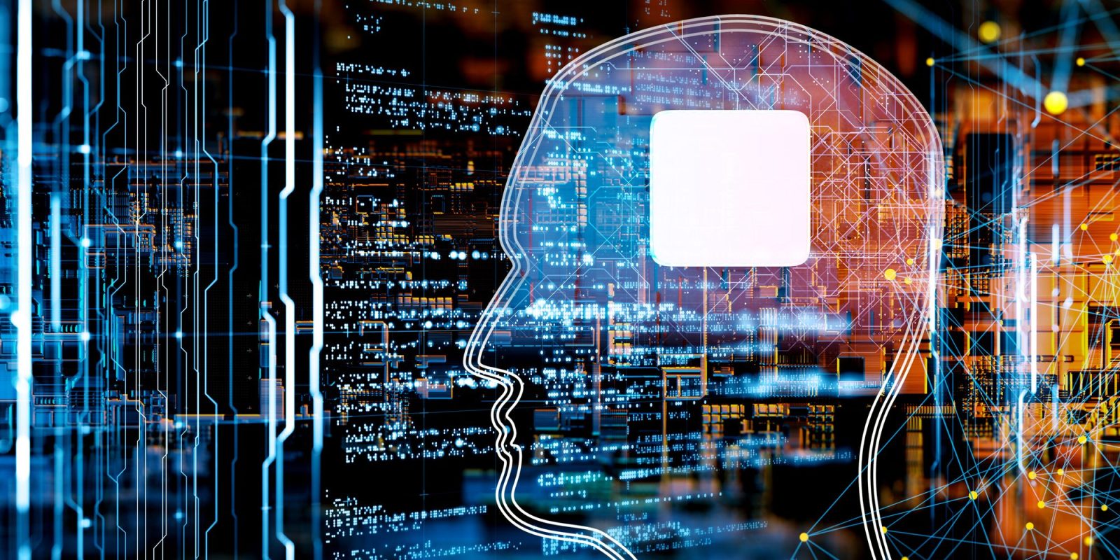 outline of a human head with a chip for a brain with code for an ML model in the background