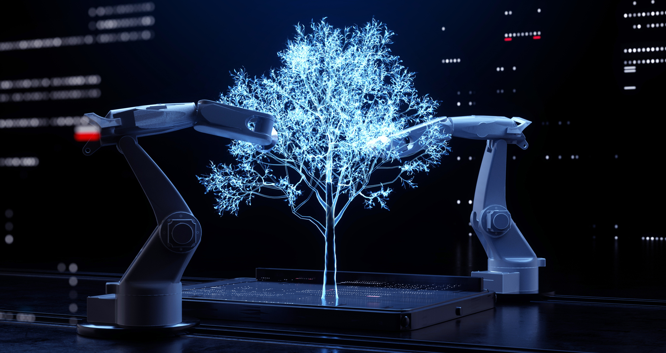 Digital generated image of collaboration of two robotic arms working together and making glowing tree hologram