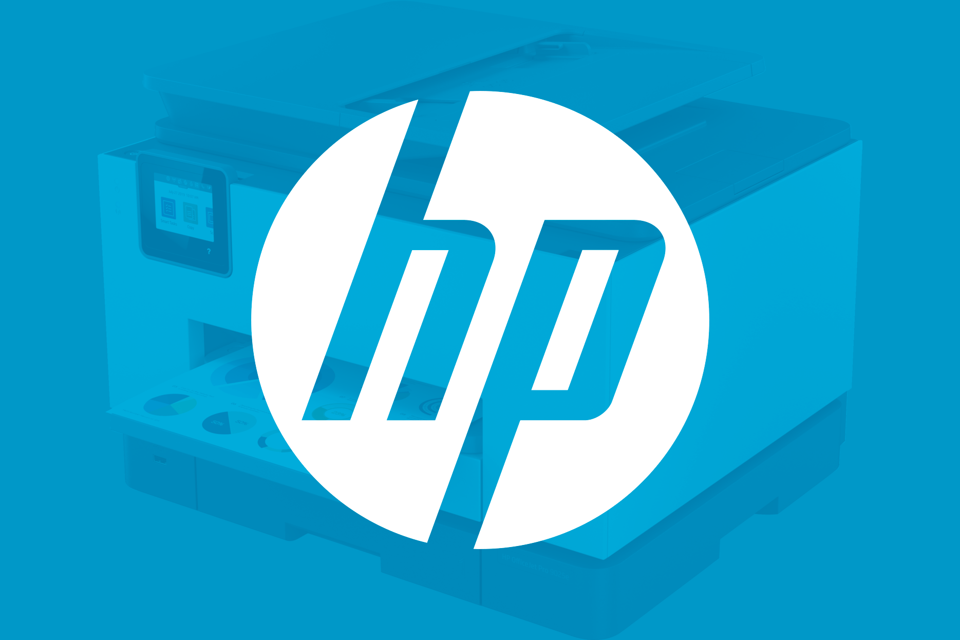 HP logo over a 9025e printer