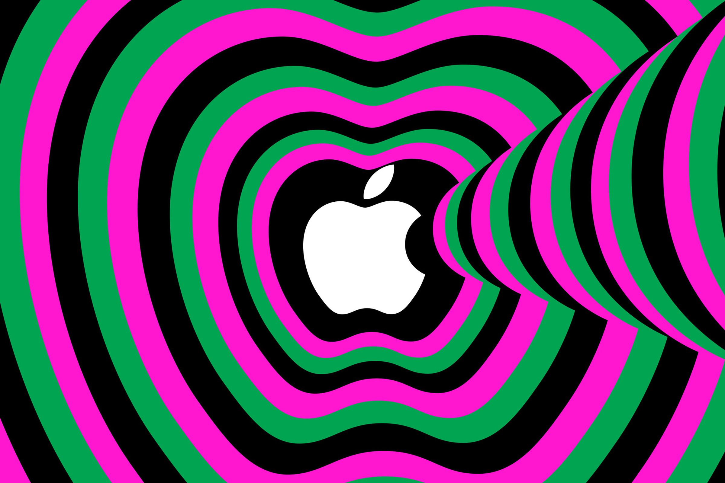 Image of the Apple logo surrounded by gray, pink, and green outlines