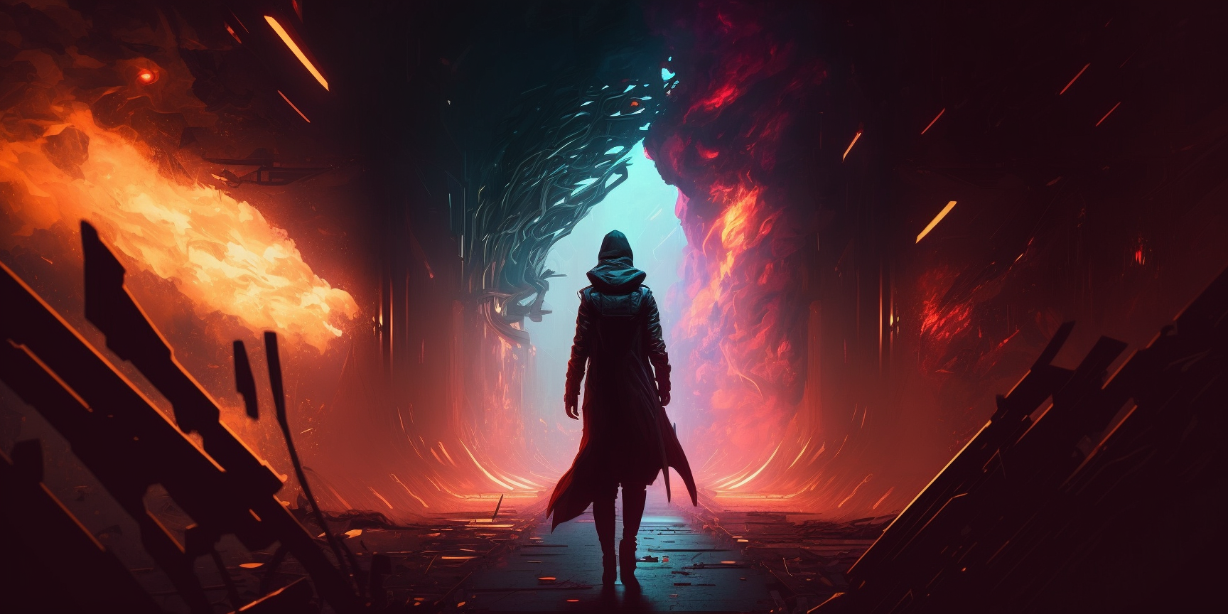Person in dark clothing walking down a path through colorful flames