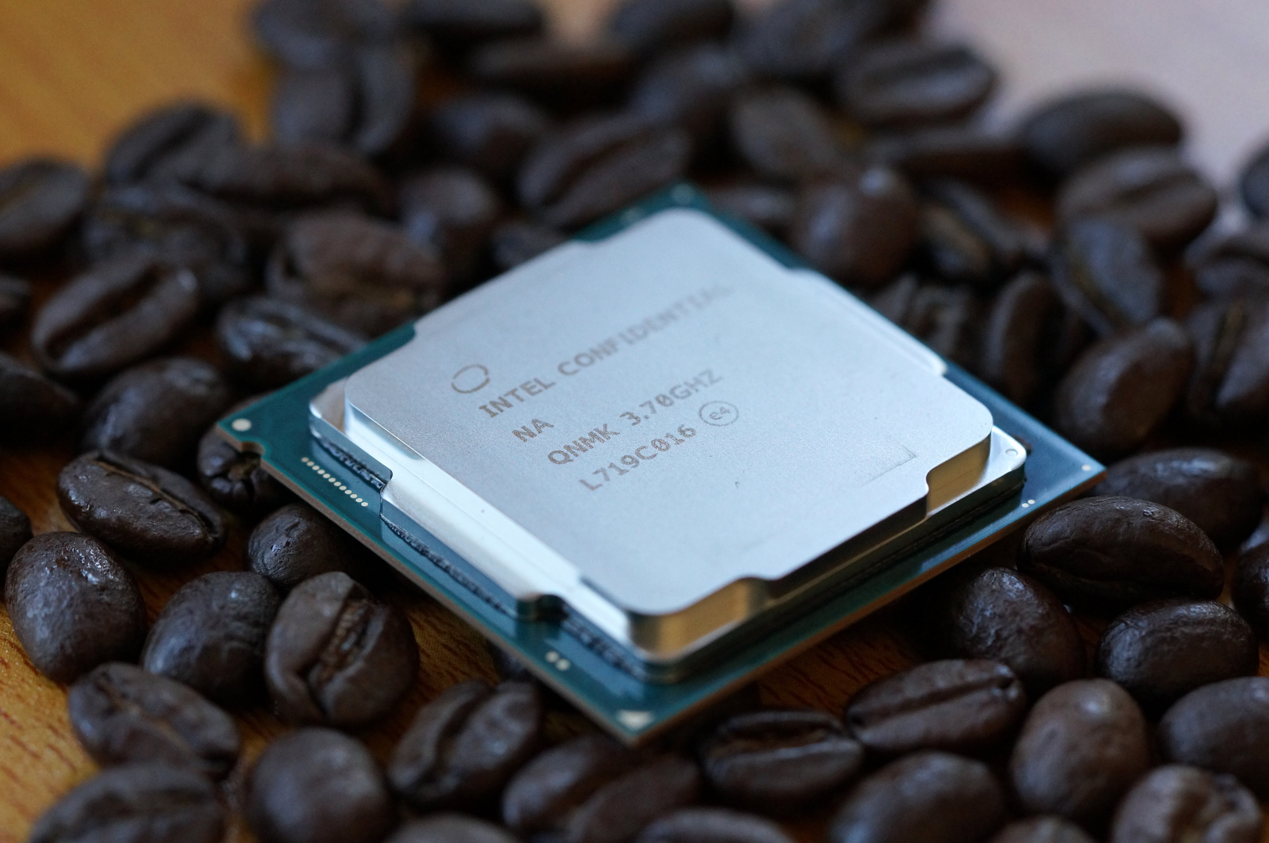 intel core i7-8700K on top of coffee beans on top of a table