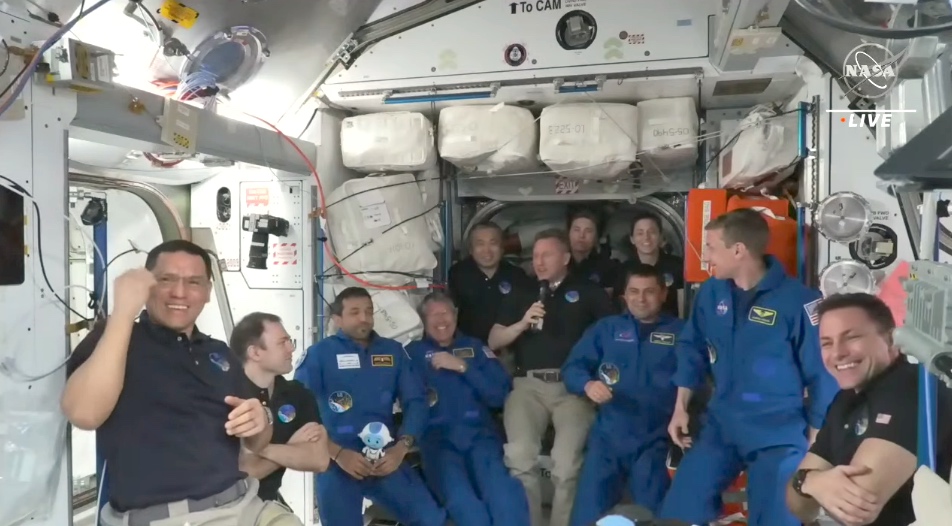The space station crew all together following the arrival of SpaceX's Crew-6 in March 2023.
