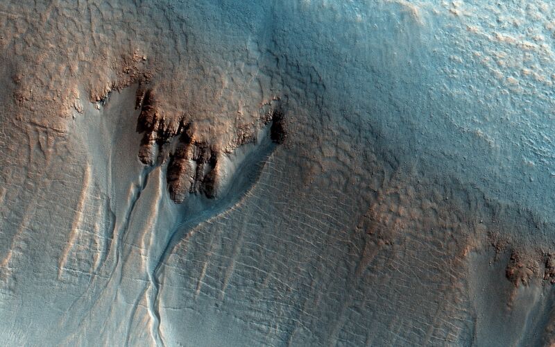 Image of a bluff and gullies taken from orbit.