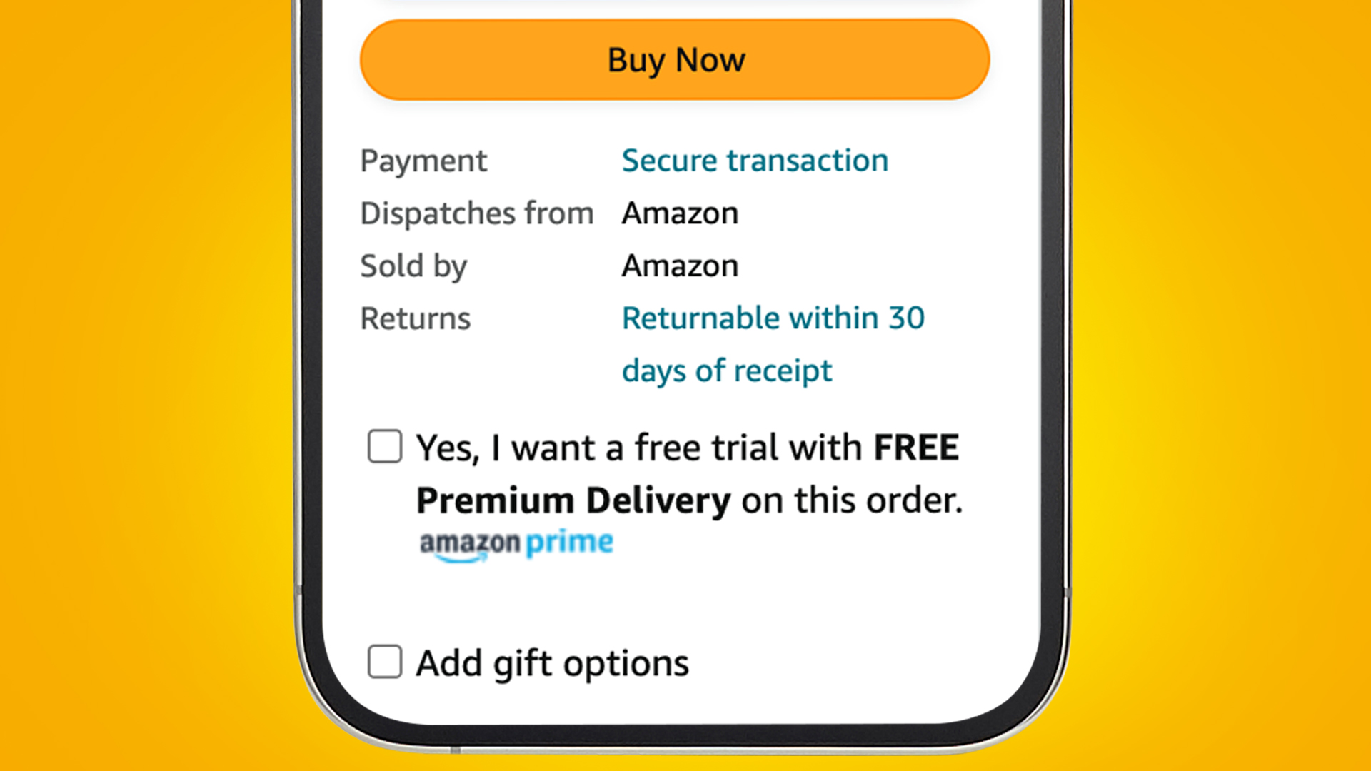 An iPhone on a yellow background showing a buy screen on Amazon