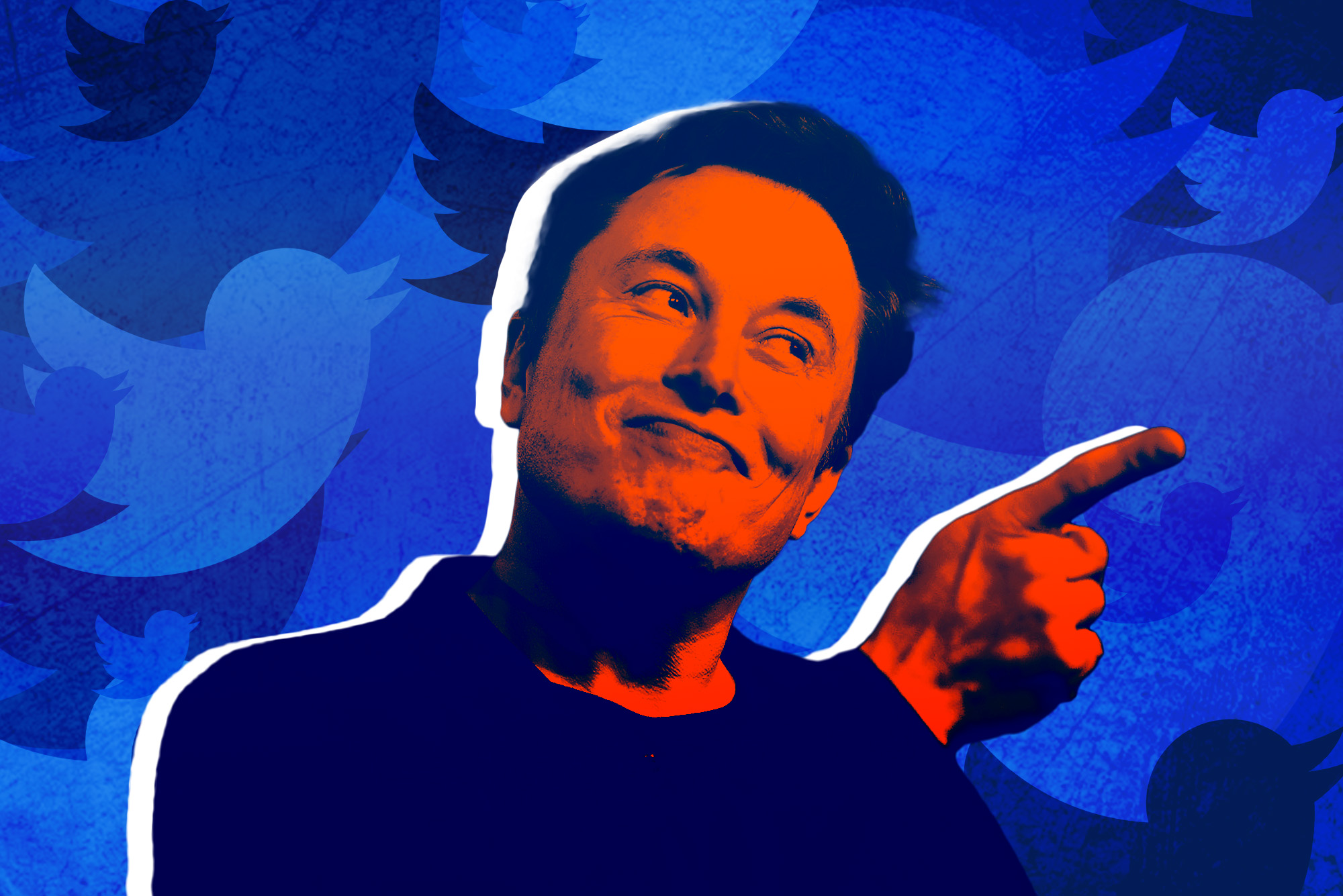 A digital image of Elon Musk in front of a stylized background with the Twitter logo repeating.